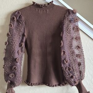 Almost Famous Knit Brown Sheer Ruffled Long Sleeve Top Sz XL